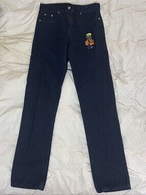 Men's/women Dark Blue Denim Pants with Orange Character Embroidery